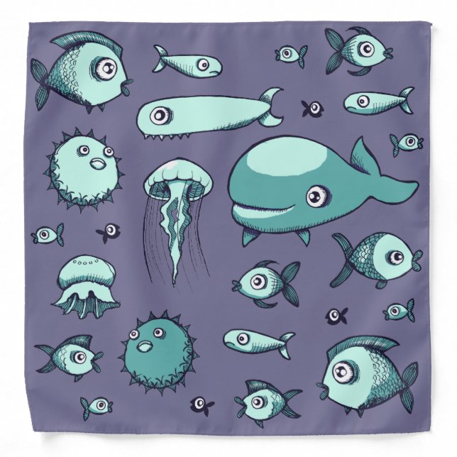 Blue and Teal Fish Drawing Bandana (Front)