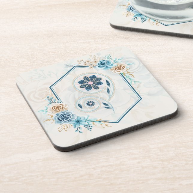 Blue and Teal Floral Graphic, "Revitalizing Life" Beverage Coaster (Left Side)