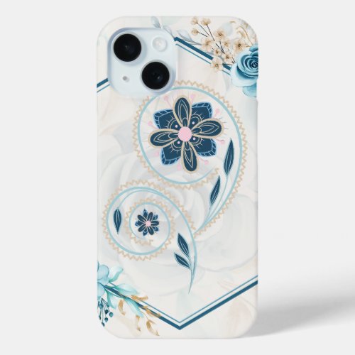 Blue and Teal Floral Graphic Revitalizing Life iPhone 15 Case