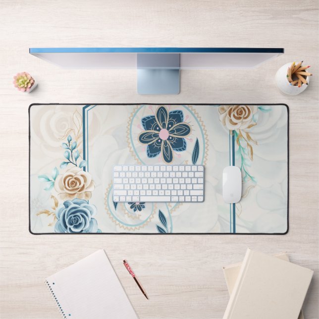 Blue and Teal Floral Graphic, Revitalizing Life Desk Mat (Office 1)