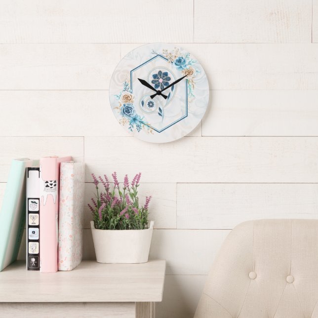 Blue and Teal Floral Graphic, "Revitalizing Life" Large Clock (Reading Room)