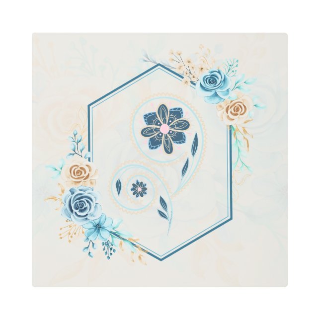 Blue and Teal Floral Graphic, "Revitalizing Life" Metal Print (Front)