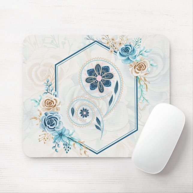 Blue and Teal Floral Graphic, "Revitalizing Life" Mouse Pad (With Mouse)