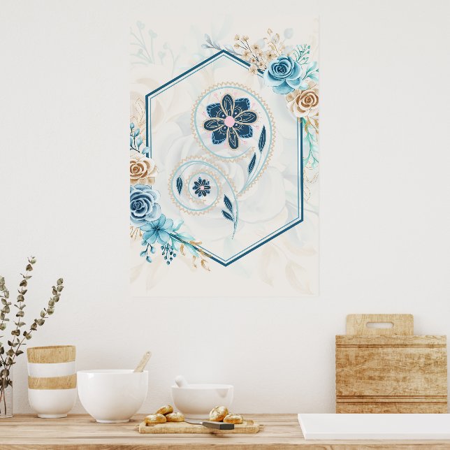 Blue and Teal Floral Graphic, "Revitalizing Life" Poster (Kitchen)