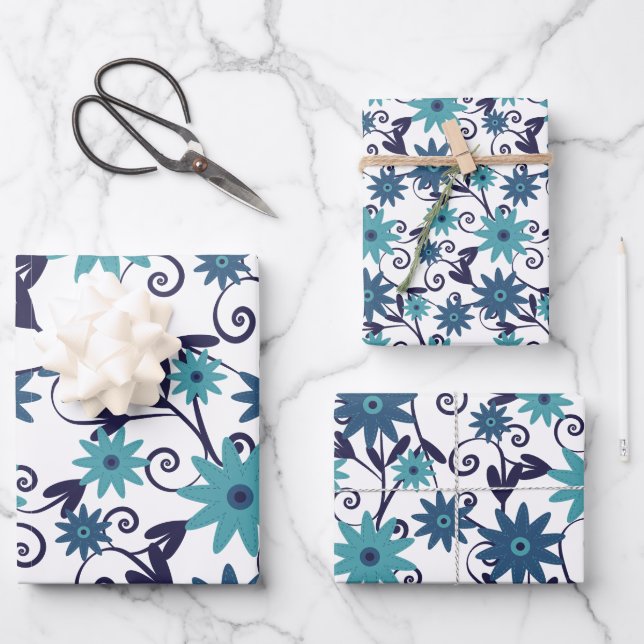 Blue And Teal Floral Pattern Wrapping Paper Sheets (Front)
