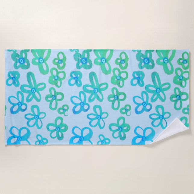 Blue and teal flowers beach towel (Front)