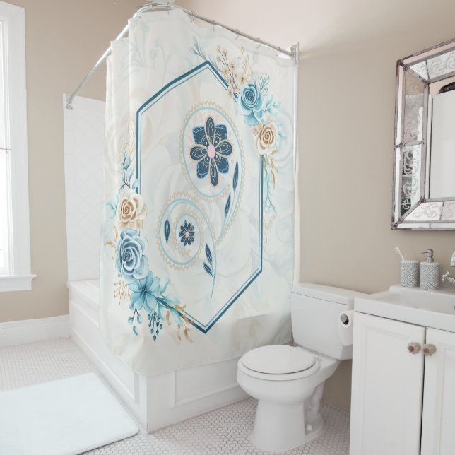 Blue and Teal Graphic, "Revitalizing Life", Floral Shower Curtain (In Situ)