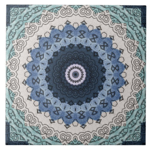 Blue and Teal Mandala with Geometric Symmetry Ceramic Tile
