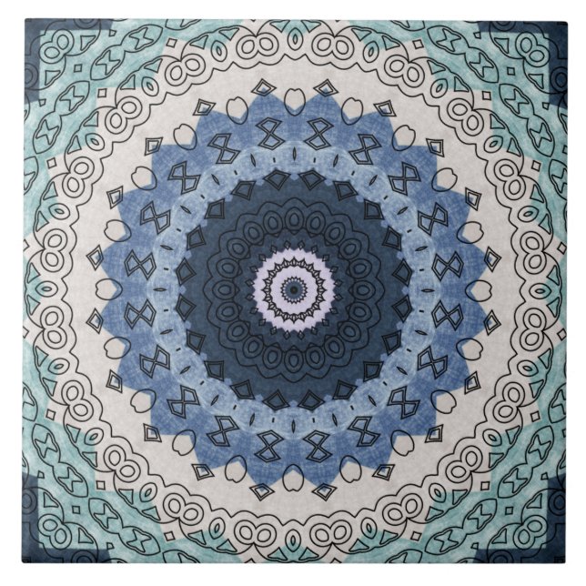 Blue and Teal Mandala with Geometric Symmetry Ceramic Tile (Front)