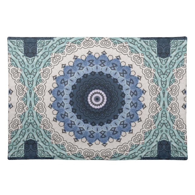 Blue and Teal Mandala with Geometric Symmetry Cloth Placemat (Front)
