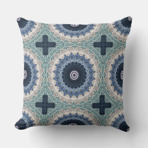 Blue and Teal Mandala with Geometric Symmetry Throw Pillow