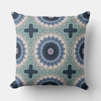 Blue and Teal Mandala with Geometric Symmetry Throw Pillow