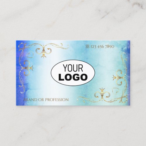 Blue and Teal Marble Gold Ornate Corners with Logo Business Card