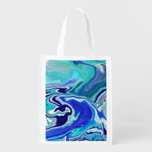 Blue and Teal Marble Waves  Grocery Bag