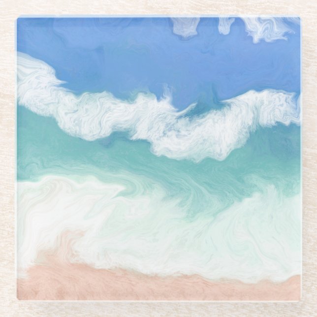 Blue and Teal Ocean Waves Glass Coaster (Front)