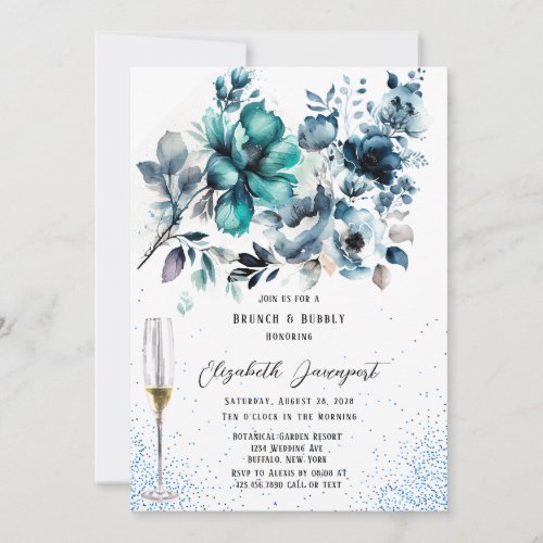 Blue and Teal Peony Glitter Brunch  Bubbly Invitation