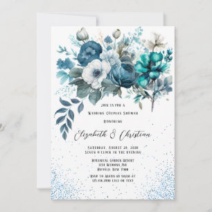 Blue and Teal Peony Glitter Wedding Couples Shower Invitation