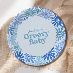 Blue and Teal Retro Floral Groovy Baby Shower Paper Plates
