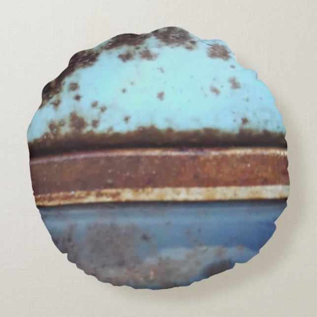 Blue and teal rusty truck close-up round pillow (Back)