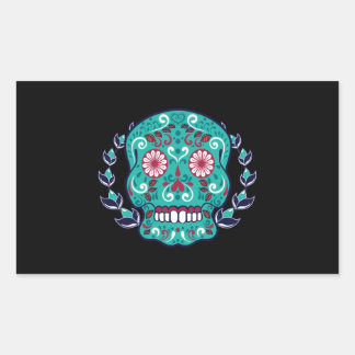 Blue and Teal Sugar Skull Laurel Leaf Rectangular Sticker