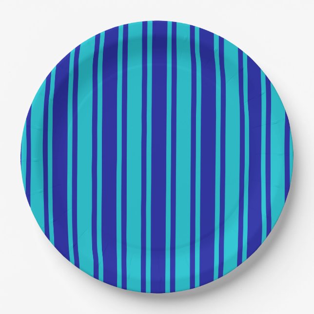 Blue and turquoise candy stripes paper plates (Front)