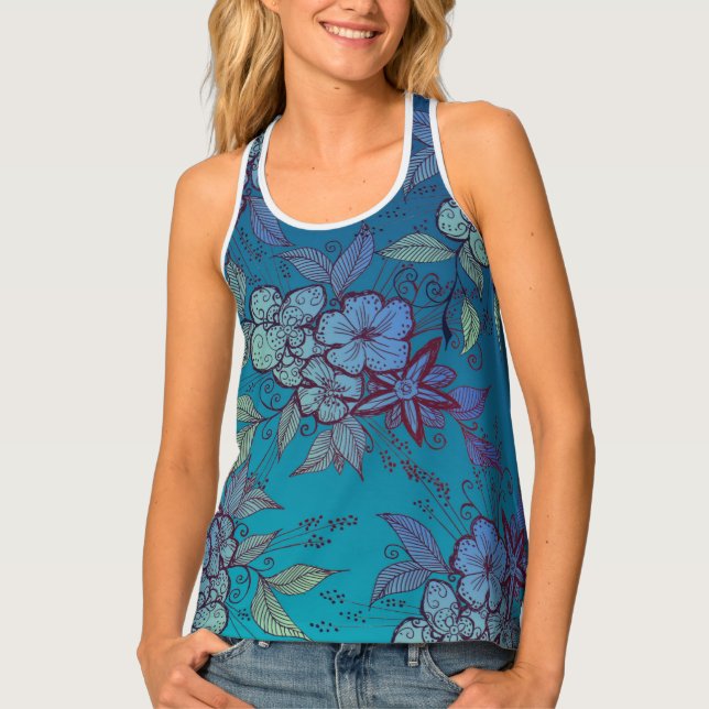 Blue and Turquoise Floral Pattern Tank Top (Front)