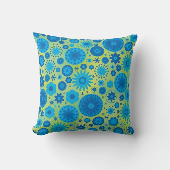 Blue and Turquoise Hippy Flower Pattern Throw Pillow (Front)