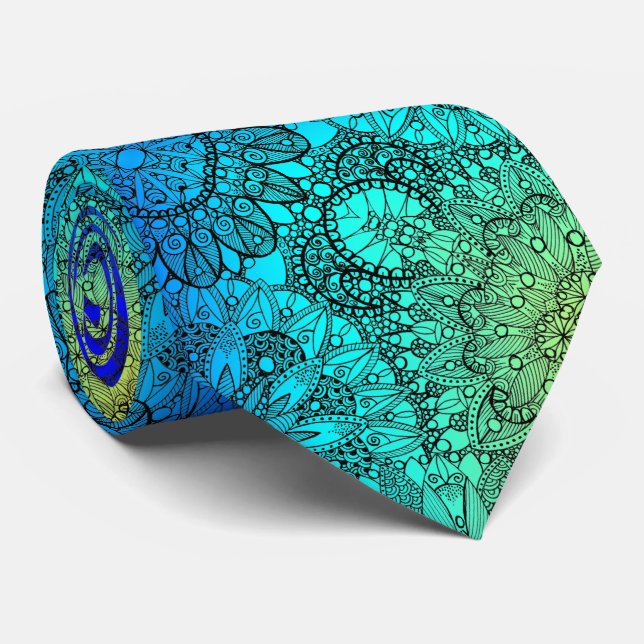 Blue and Turquoise Mandala Pattern Neck Tie (Rolled)