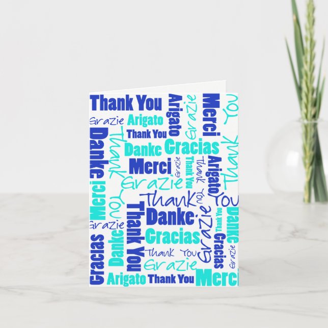 Blue and Turquoise Multilingual Thank You Card (Front)