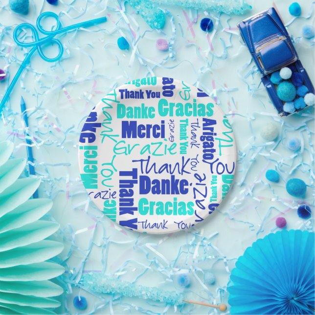 Blue and Turquoise Multilingual Thank You Paper Plates (Party)