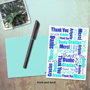 Blue and Turquoise Multilingual Thank You Postcard