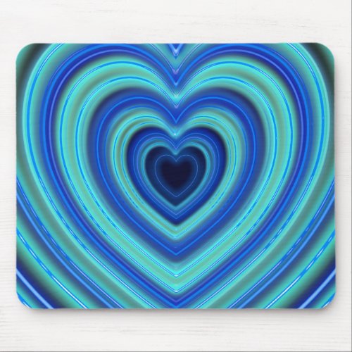 Blue and Turquoise Neon Lighted Hearts Mouse Pad