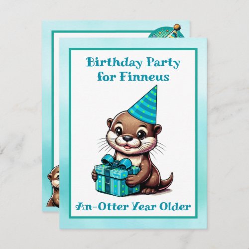 Blue and Turquoise Otter Boys Birthday Party Invitation
