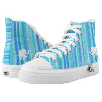 Blue And Turquoise Stripes With White Elephant High-top Sneakers by EleSil at Zazzle