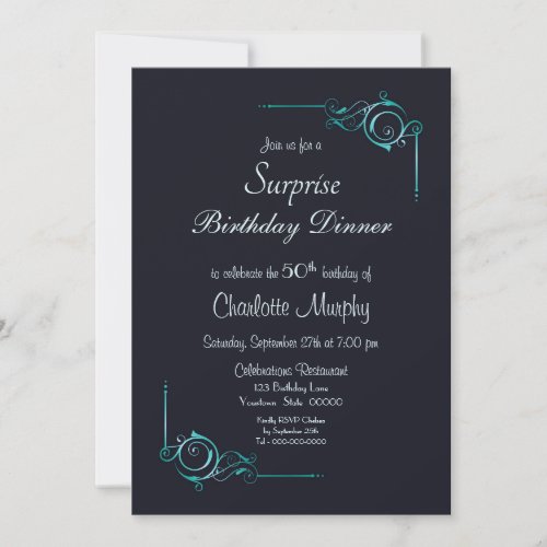 Blue and Turquoise Surprise 50th Birthday Dinner Invitation