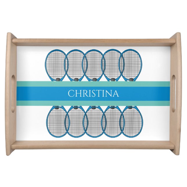 Blue and Turquoise Tennis Racket Personalized Serving Tray (Front)