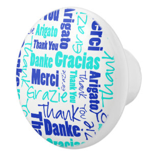 Blue and Turquoise Thank You Word Cloud Ceramic Knob