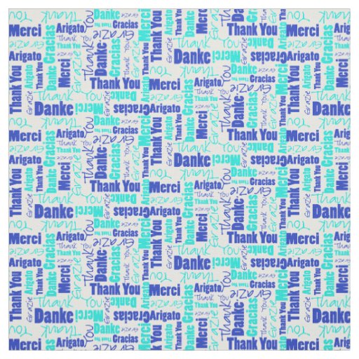 Blue and Turquoise Thank You Word Cloud Fabric