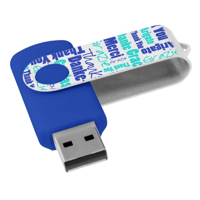 Blue and Turquoise Thank You Word Cloud Flash Drive (Angled)