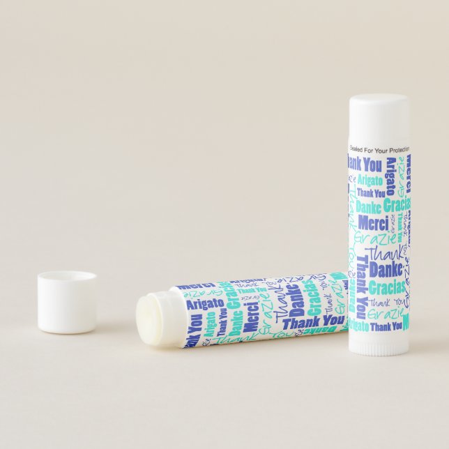 Blue and Turquoise Thank You Word Cloud Lip Balm (In Situ)