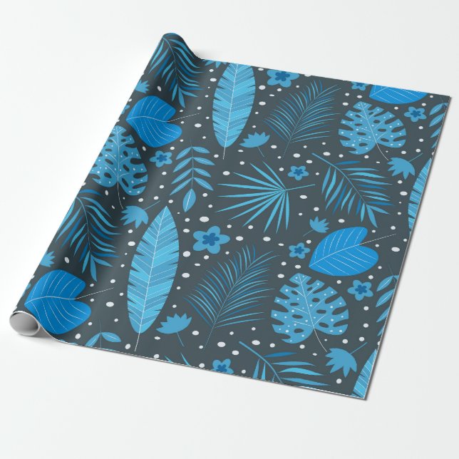 Blue and Turquoise Tropical Palm Monstera Leaves  Wrapping Paper (Unrolled)