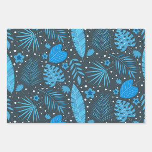 Blue and Turquoise Tropical Palm Monstera Leaves   Wrapping Paper Sheets