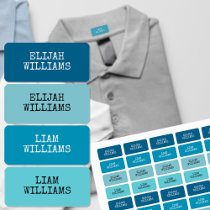 Blue and Turquoise Typewriter Text Clothing Name Kids' Labels