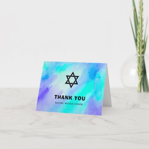 Blue and Turquoise Watercolor Bat Mitzvah Thank You Card