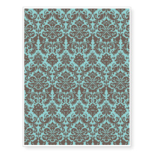 Blue and Umber Elegant Damask Pattern Temporary Tattoos