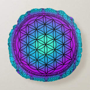 Blue and Violet Flower of Life Positive Affirmatio Round Pillow