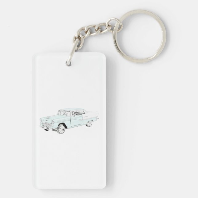 Blue and White 1955 Chevy Bel Air Drawing Acrylic Keychain (Back)