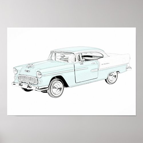 Blue and White 1955 Chevy Bel Air Drawing Poster