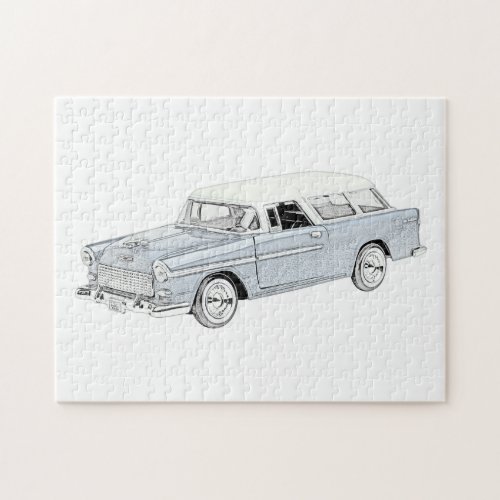 Blue and White 1955 Chevy Nomad Drawing Jigsaw Puzzle