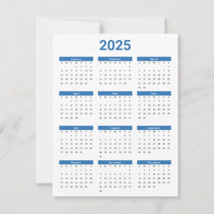 Blue and White 2025 Year At A Glance Calendar Flat Card